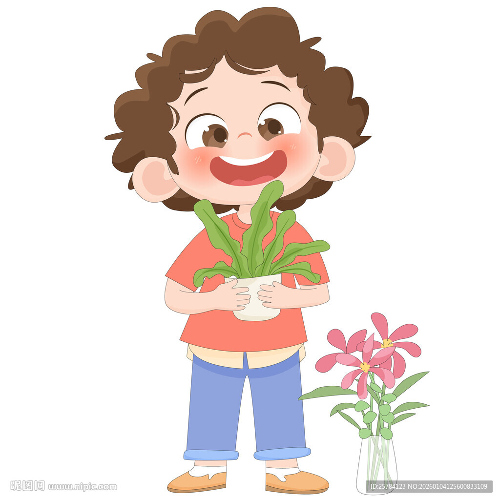 孩子抱绿植花盆花朵儿童卡通插画