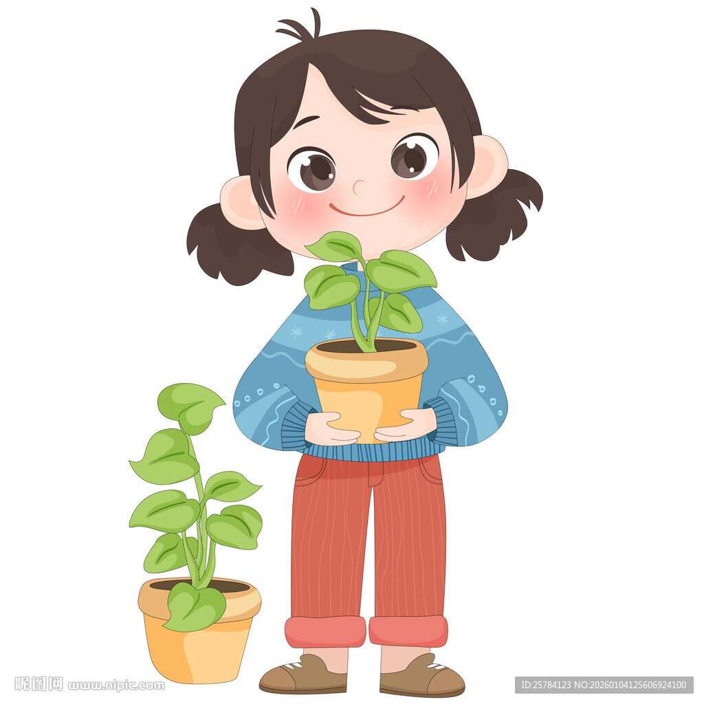 孩子抱绿植花盆扁平化儿童插画