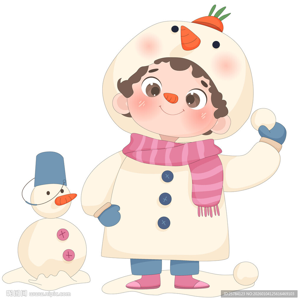 孩子穿冬装堆雪人打雪仗插画