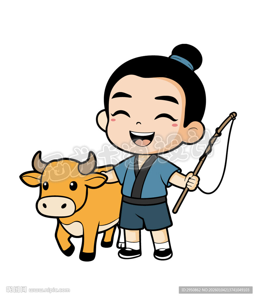 卡通牧童牵牛图