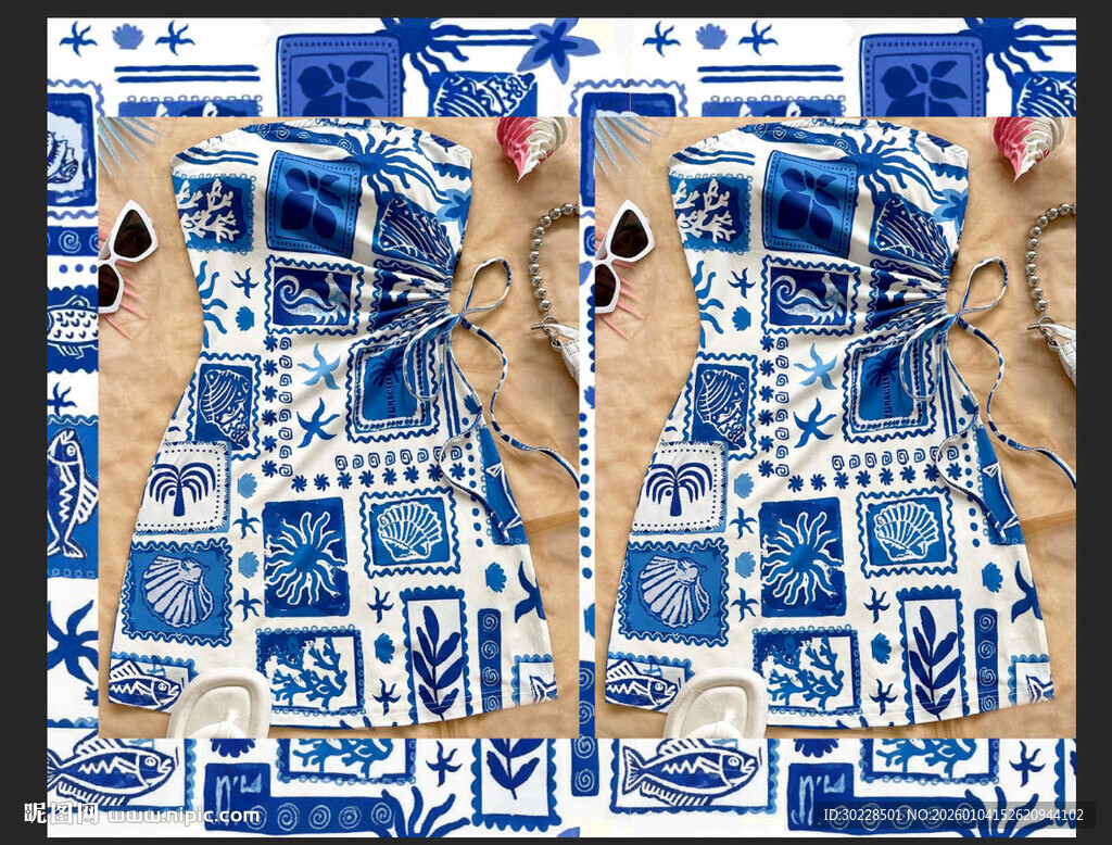 蓝白风复古拼贴艺术画面