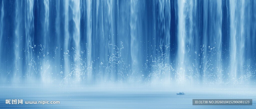 巨幅流水生财瀑布山水画背景图