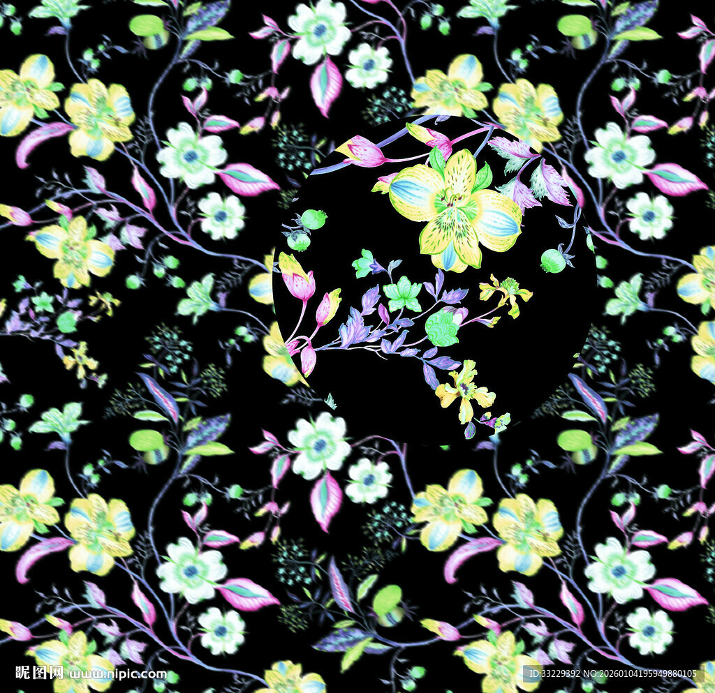 花卉图案黑色背景布料