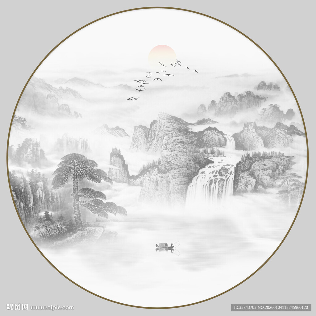 圆形山水水墨画