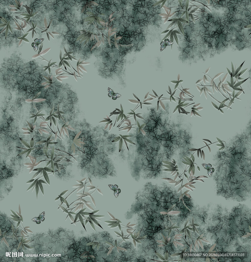 水墨风竹叶飞鸟图案