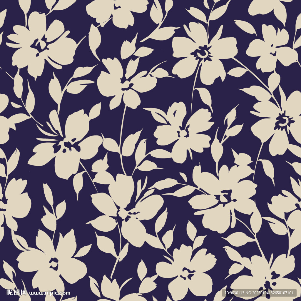 深蓝色底米白色花卉图案
