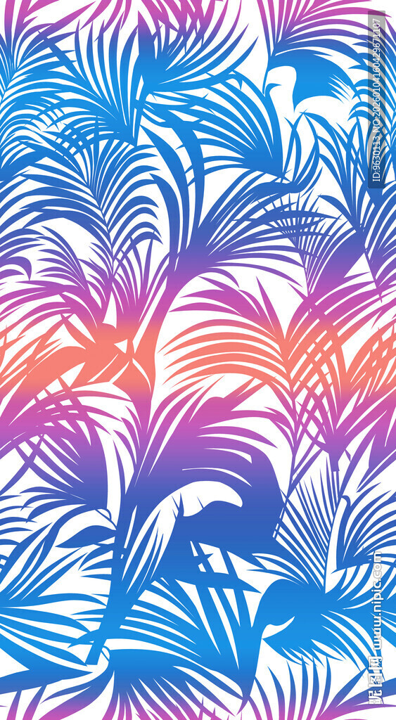 梦幻蓝紫渐变热带植物图案