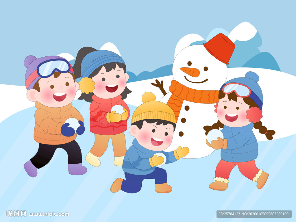冬天儿童户外雪地打雪仗堆雪人