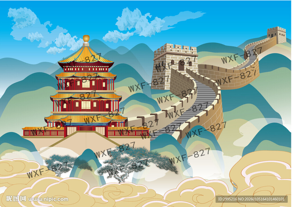 中国古代建筑颐和园长城矢量建筑