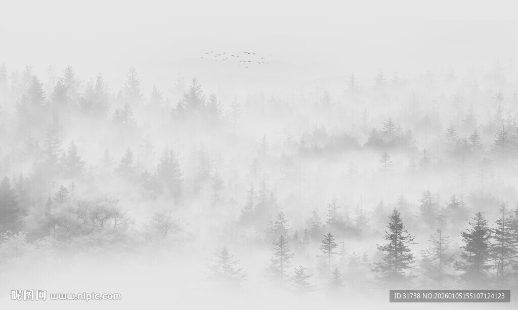 迷雾森林意境水墨山水画背景墙