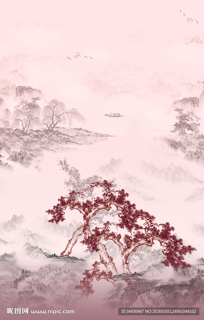 水墨风红叶山水图景