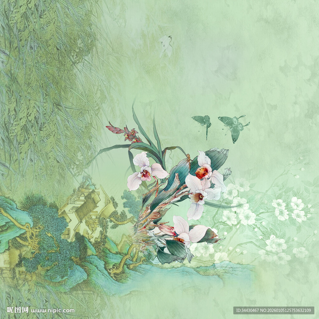 中式古风花卉植物插画