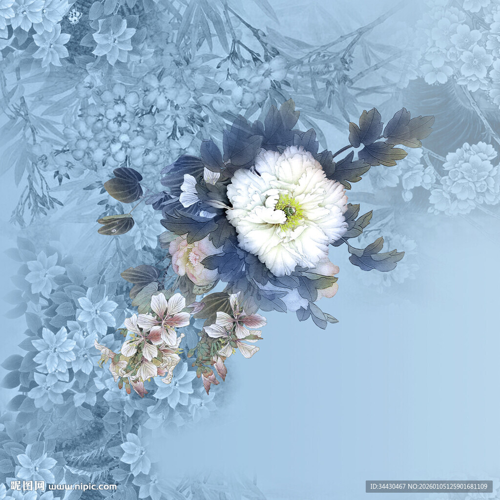 蓝调花卉蕾丝背景图案