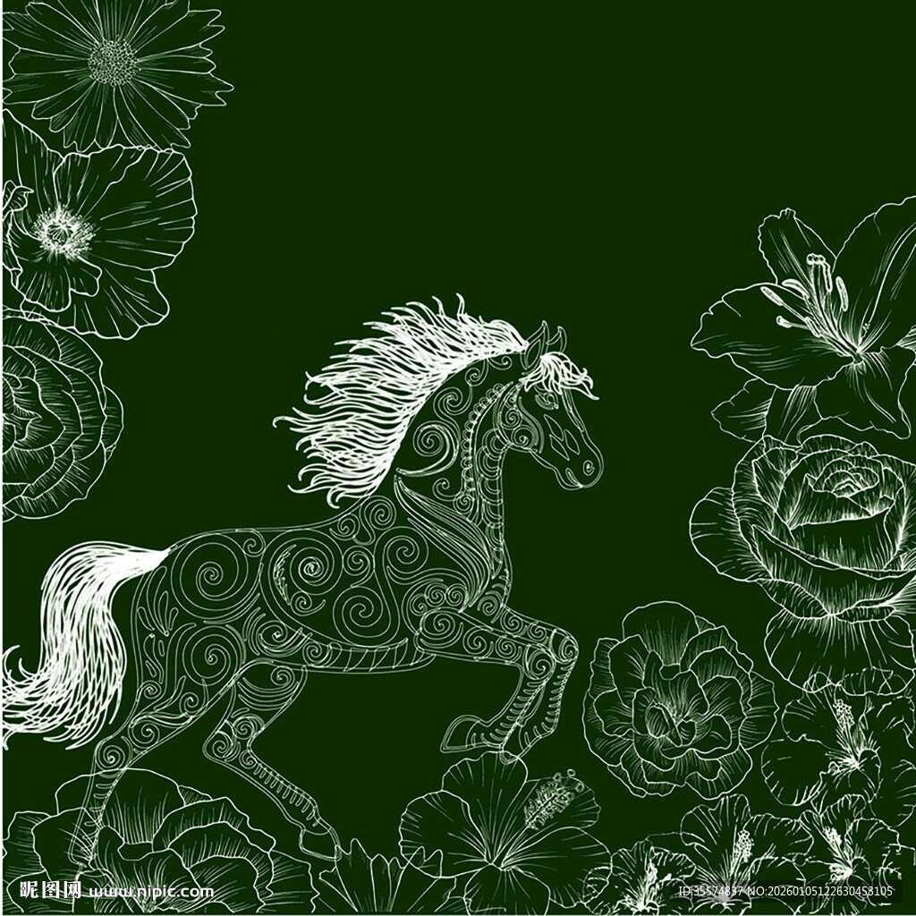 绿底繁花间的飘逸骏马