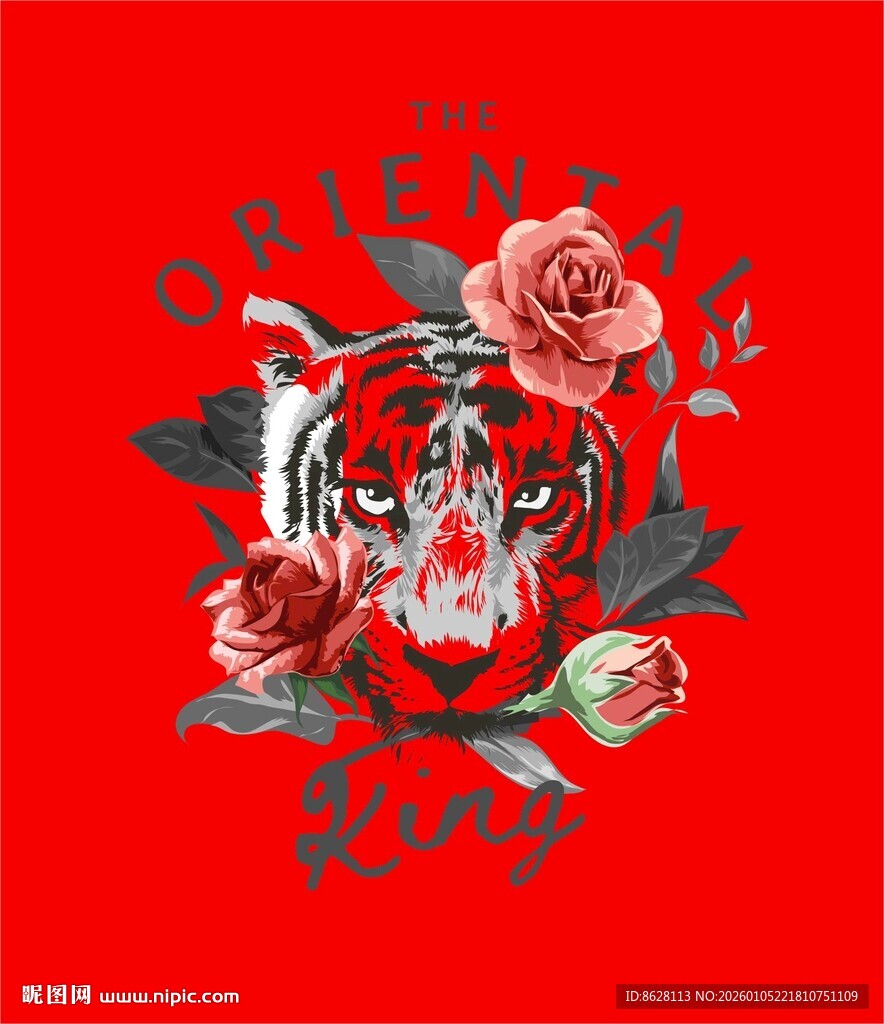 红色背景虎与玫瑰图案