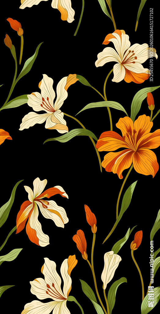 手绘花 黑底多彩花卉