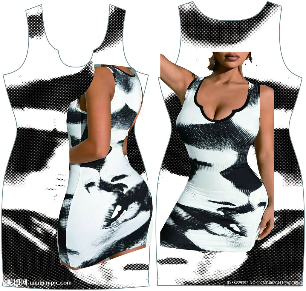 黑白印花女士无袖连衣裙