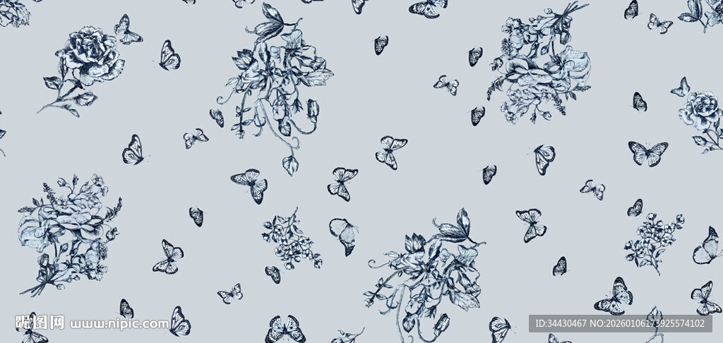 蓝白蝴蝶图案布料纹理