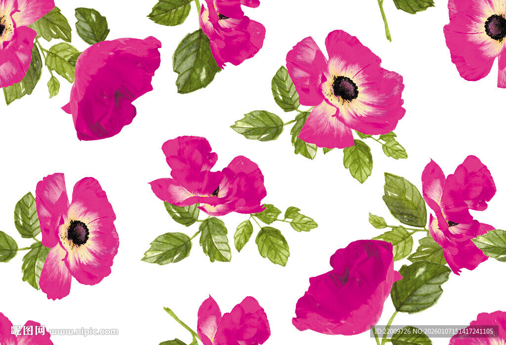 粉色花朵绿叶无缝图案