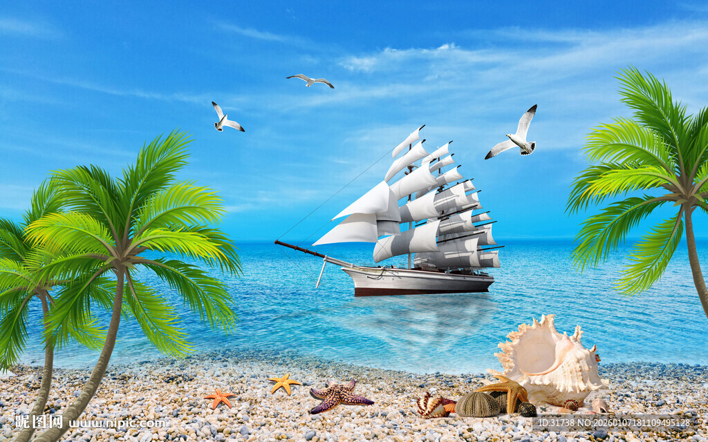 大海沙滩椰树背景图壁纸壁画