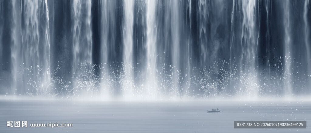 招财瀑布山水画