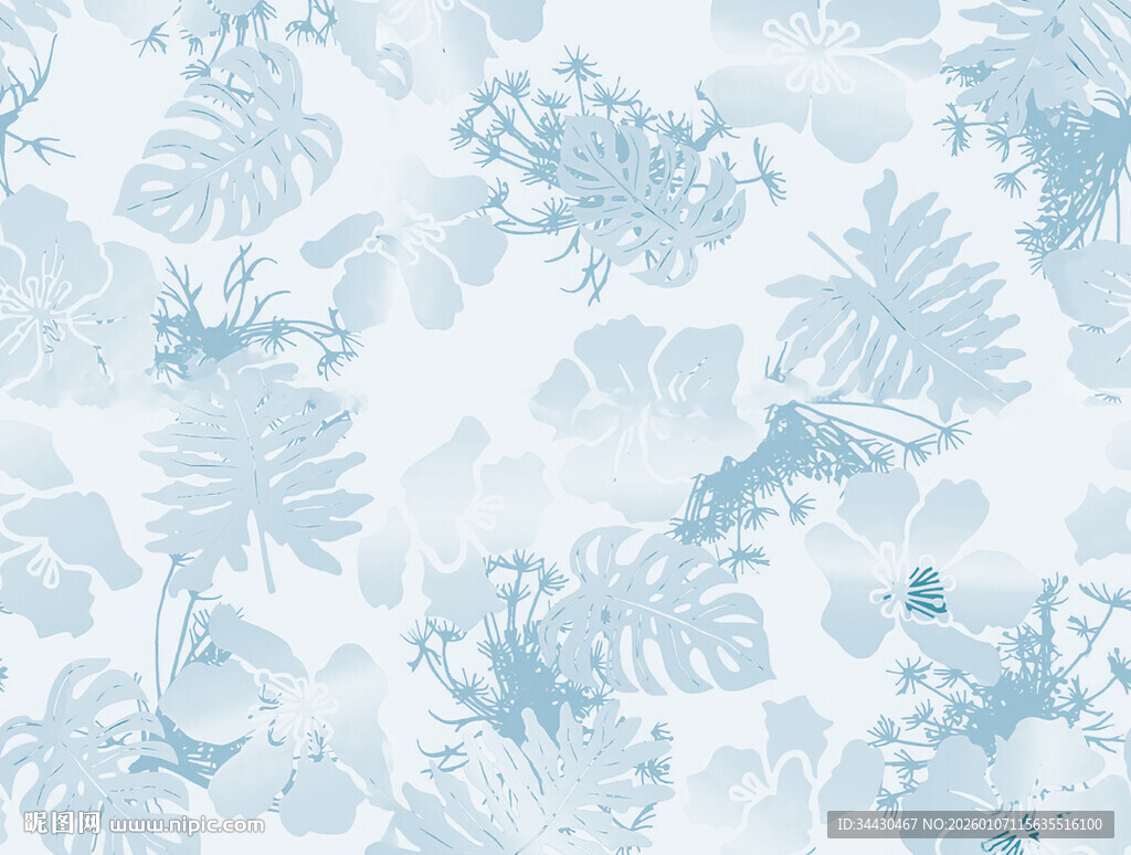 蓝白植物花纹背景图