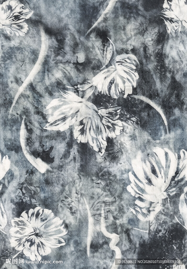 蓝白花卉图案纹理背景印花