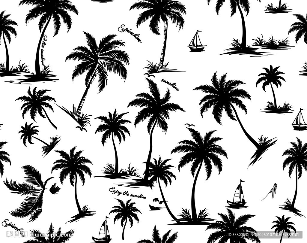黑白棕榈树图案背景印花