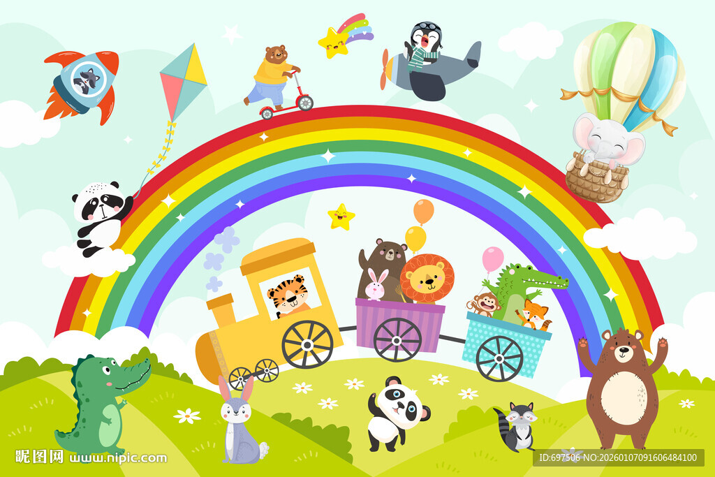 可爱动物卡通彩虹小火车儿童背景