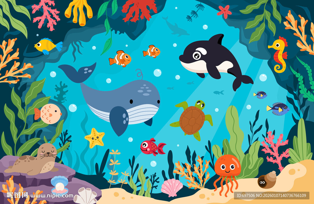 海底洞穴卡通鲸鱼珊瑚海洋背景墙