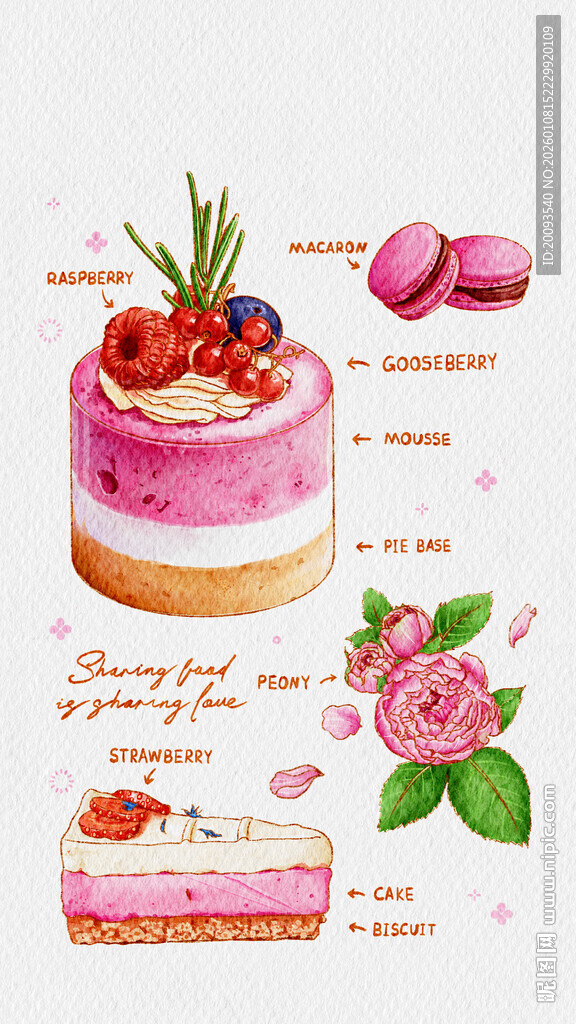 美味草莓玫瑰蛋糕插画