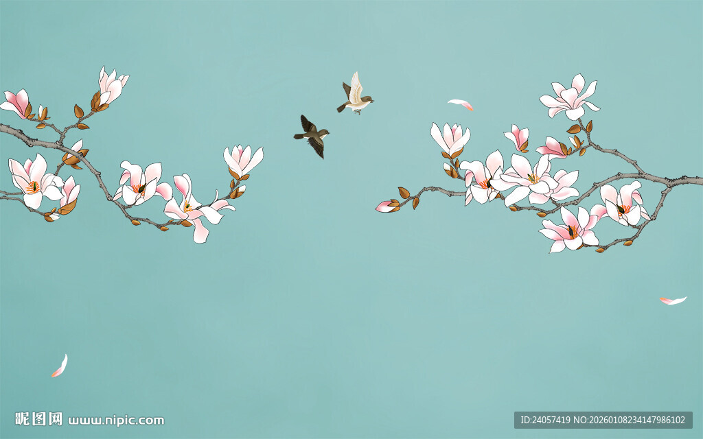 新中式玉兰工笔花鸟背景墙装饰画