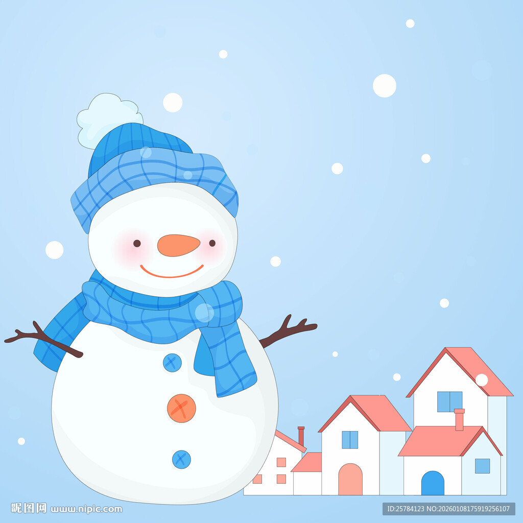 冬天戴围巾帽子雪人小村庄插画