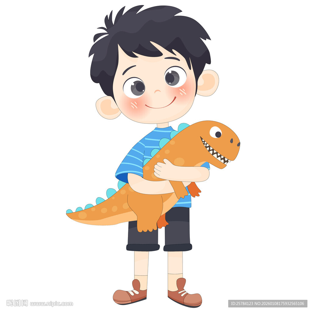 男孩拿恐龙玩具扁平化儿童插画
