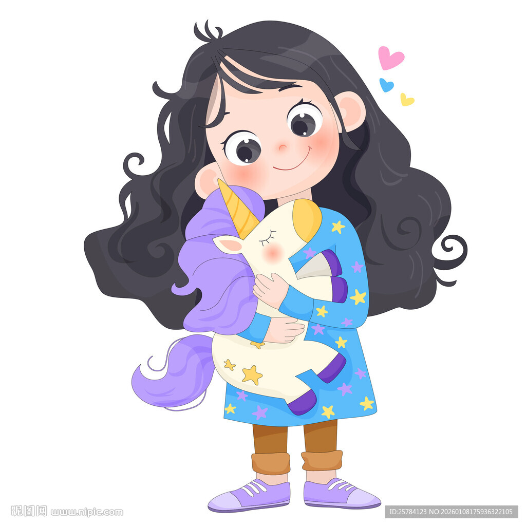 女孩拿紫色独角兽玩具儿童插画
