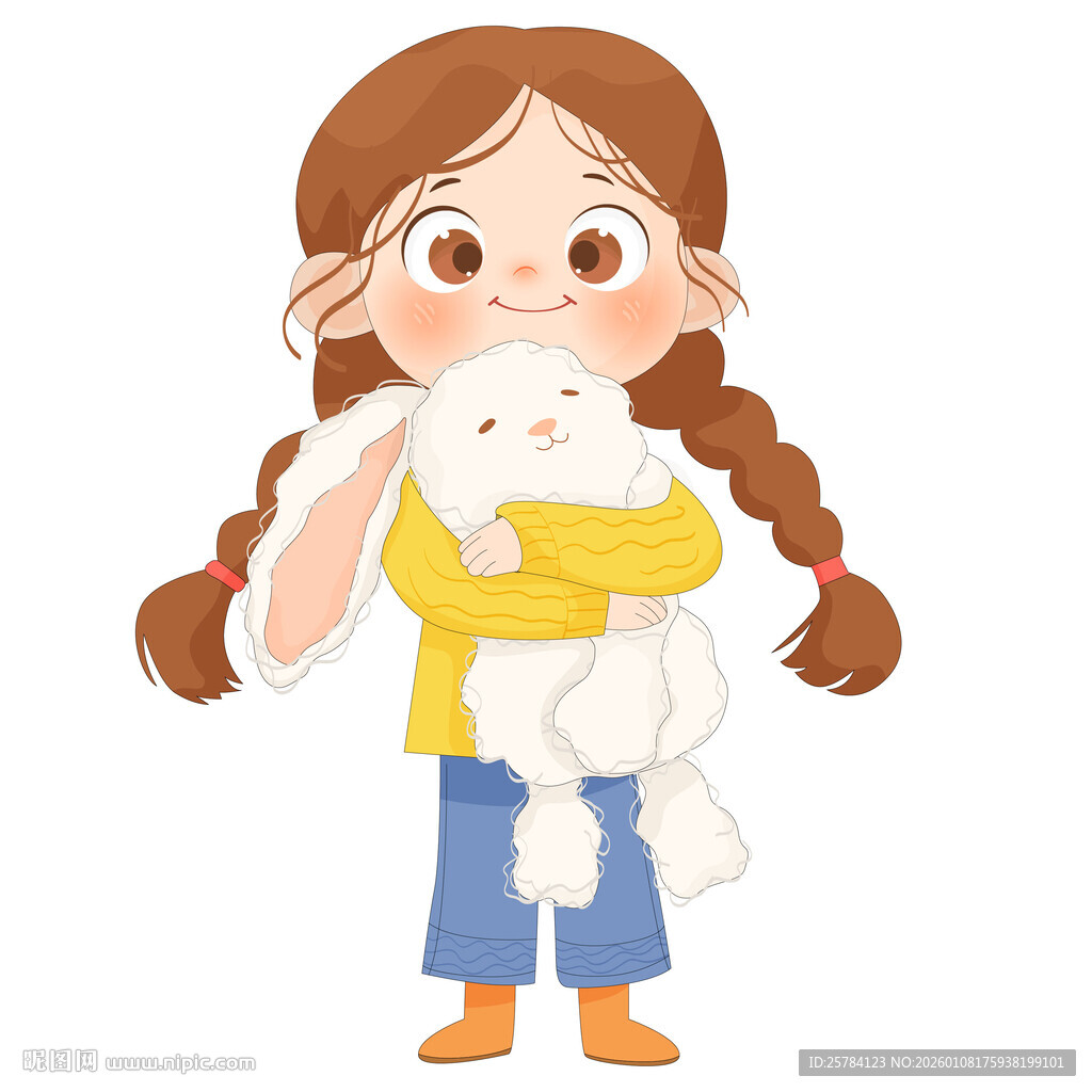 马尾辫女孩拿毛茸茸兔子玩具插画