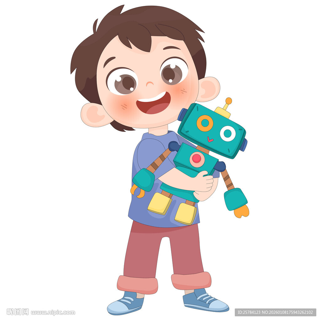 男孩拿机器人玩具可爱儿童插画