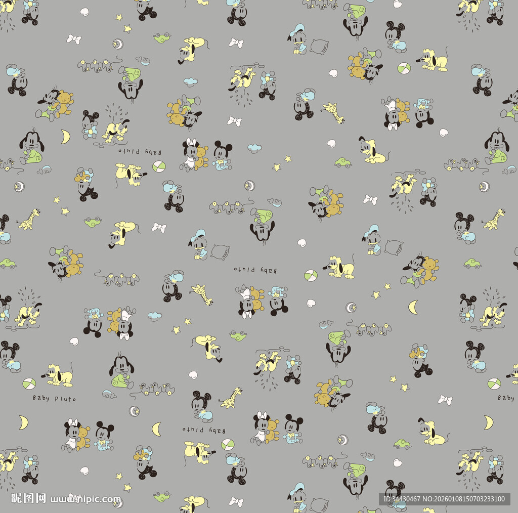 灰色底可爱动物图案布料