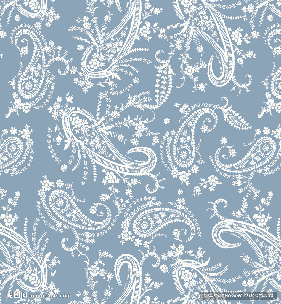 蓝底白色佩斯利花纹图案