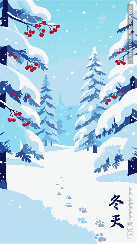 冬日雪景中的挂满雪的树木