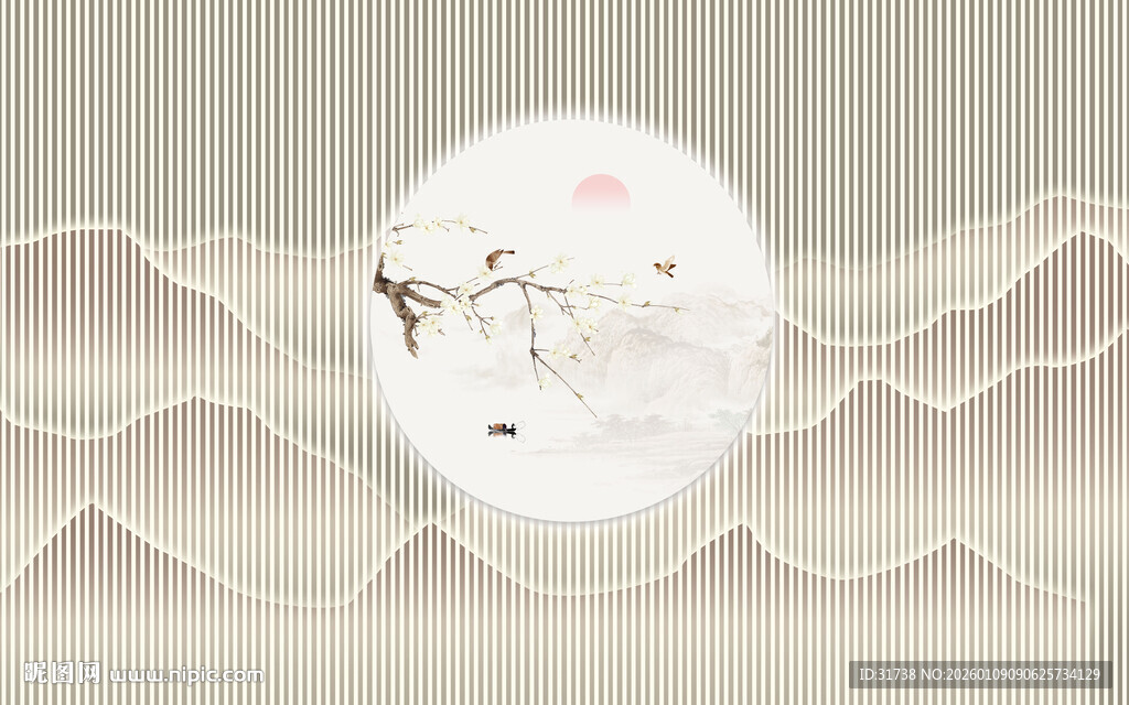 中式山水花鸟圆形装饰画背景图