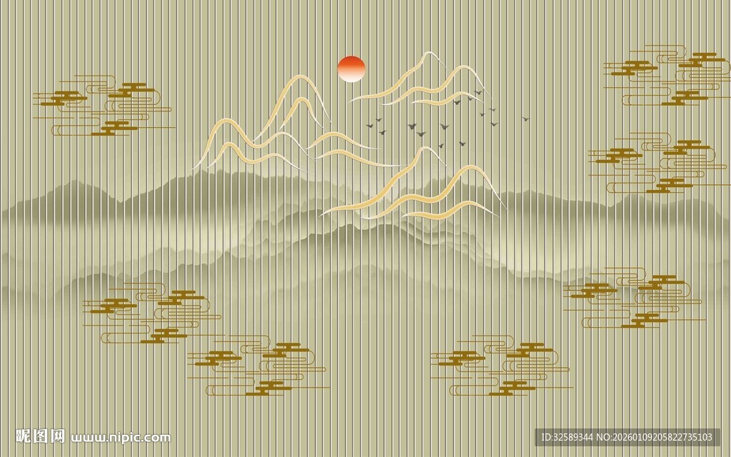 中式山水飞鸟意境图