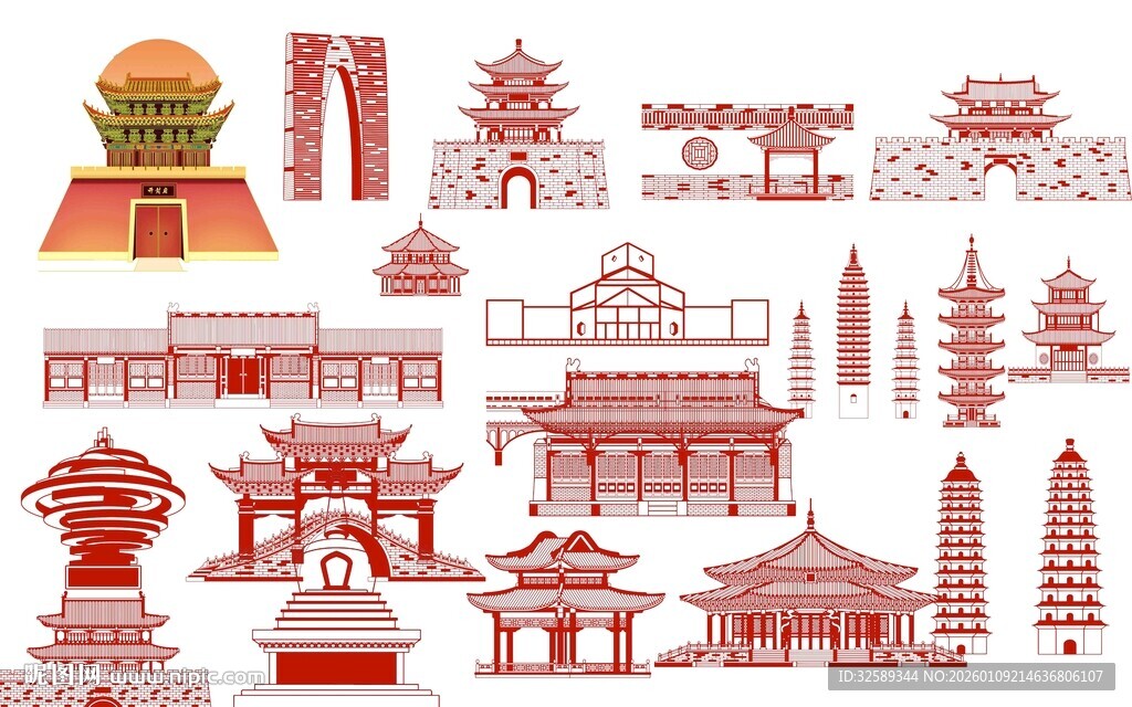 中式古建筑矢量图案集合