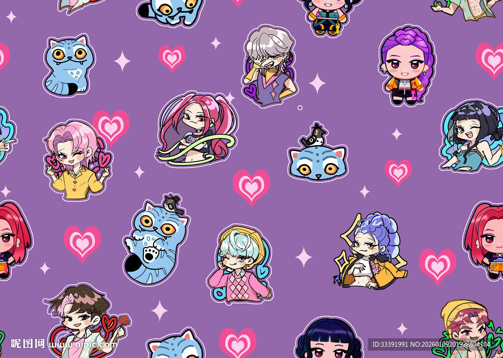 可爱动漫角色紫色背景图案