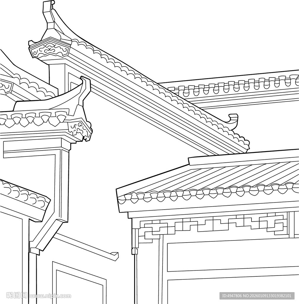 中式古建筑屋檐线稿图 矢量图 