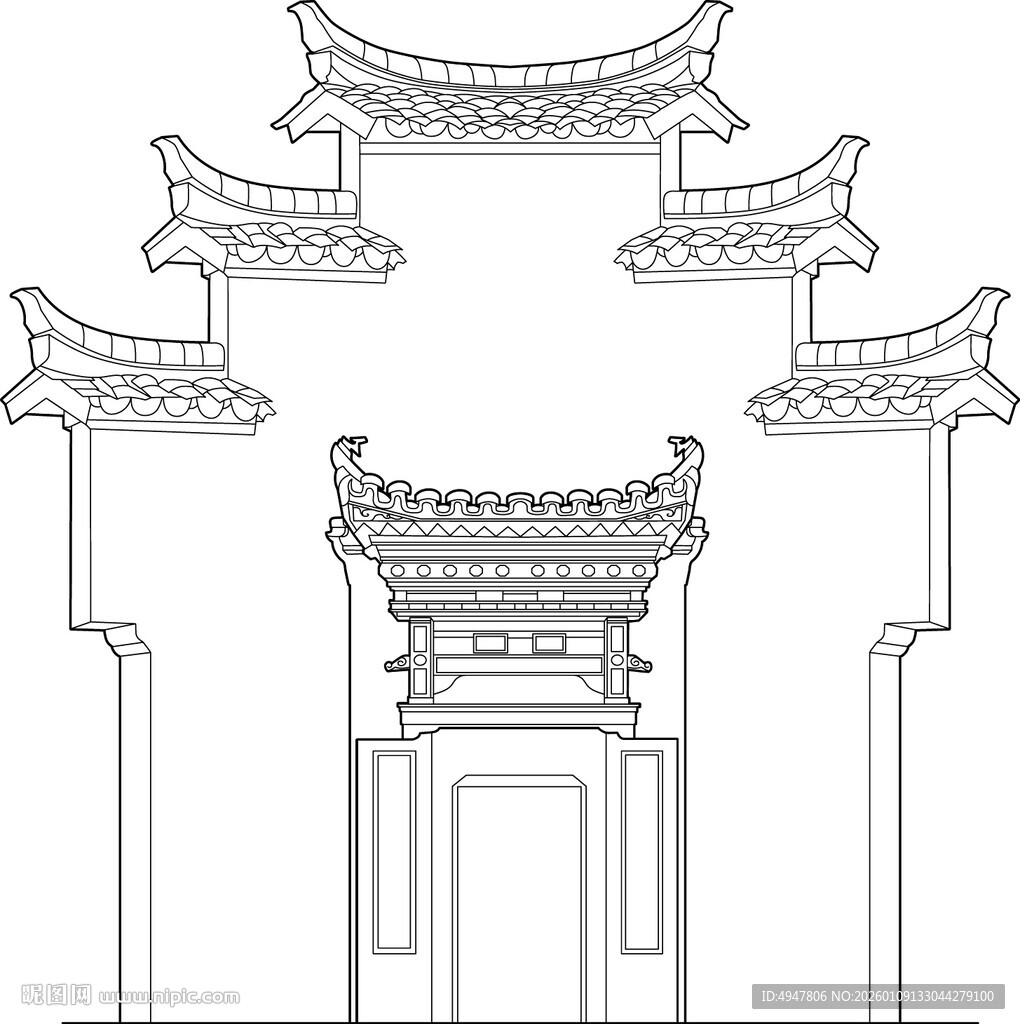 中式传统门楼建筑线稿图 矢量图