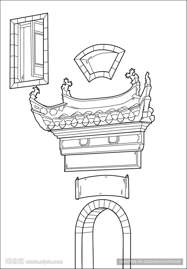 中式传统建筑构件线描图 矢量图