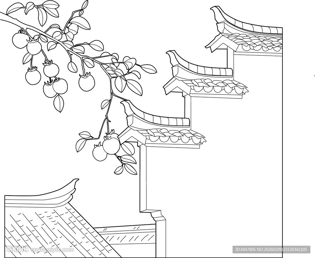中式建筑轮廓与枝头硕果 矢量图