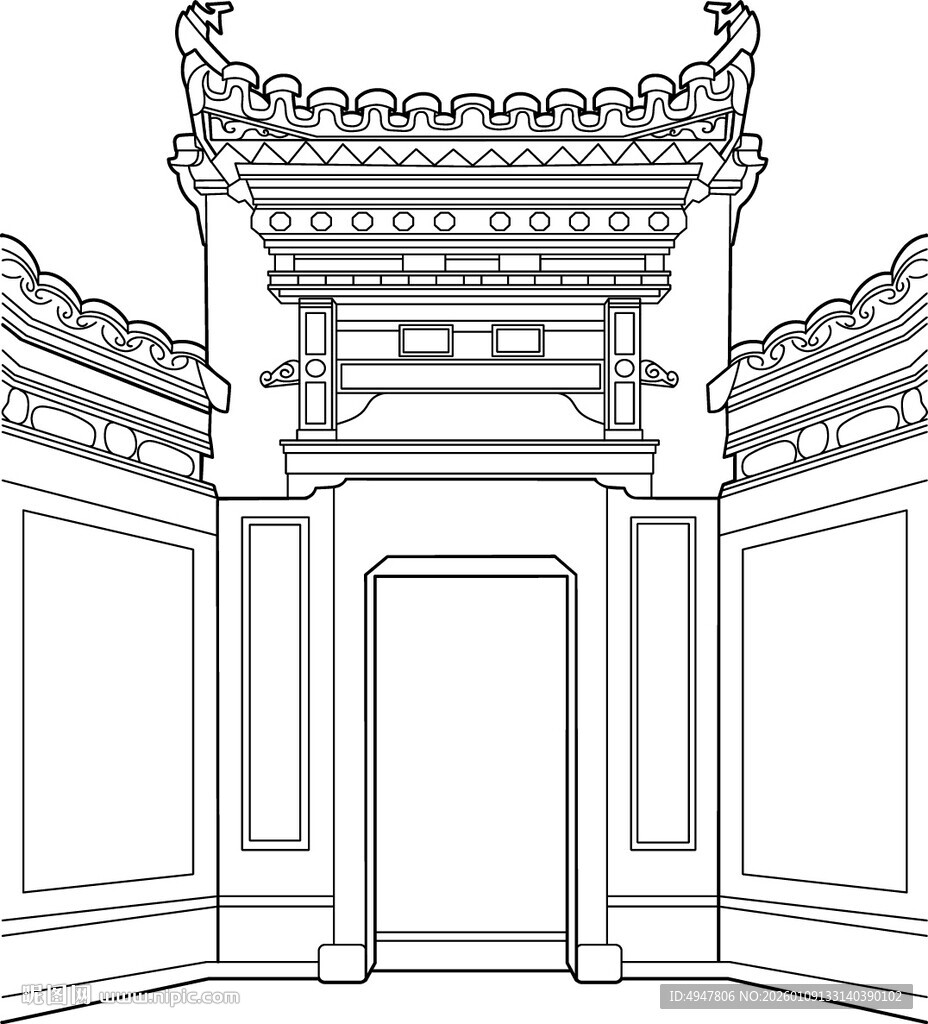 中式传统门楼线稿设计 矢量图