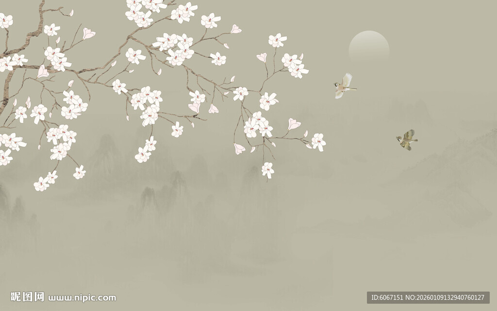 新中式兰花工笔花鸟画背景墙